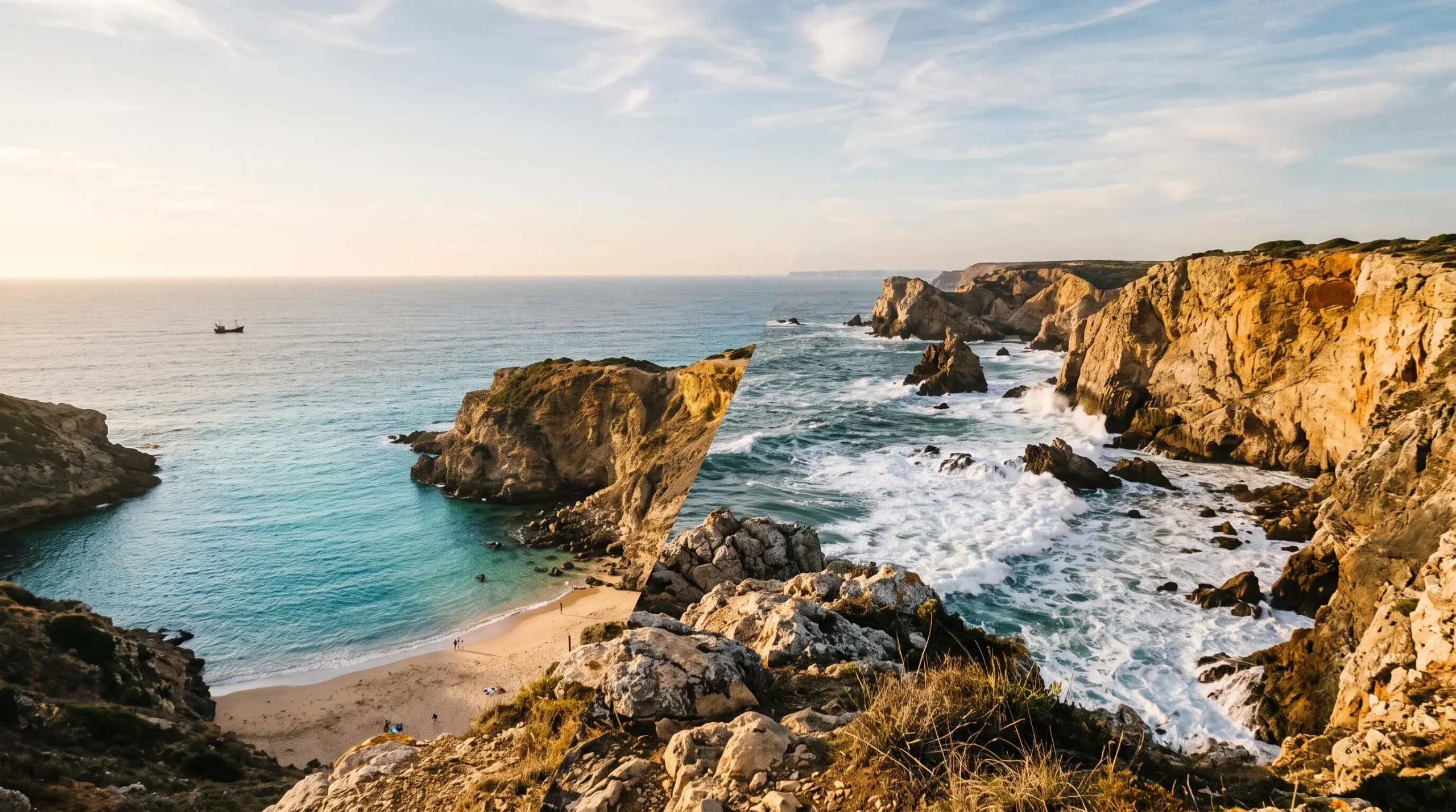 Vue panoramique d'une côte portugaise contrastant une crique calme et une falaise battue par les vagues de l'Atlantique