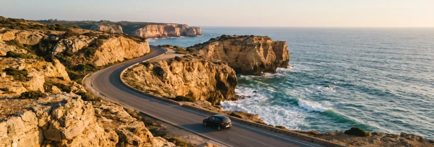 Route sinueuse traversant un paysage côtier portugais au coucher du soleil, symbolisant la planification d'un itinéraire de voyage