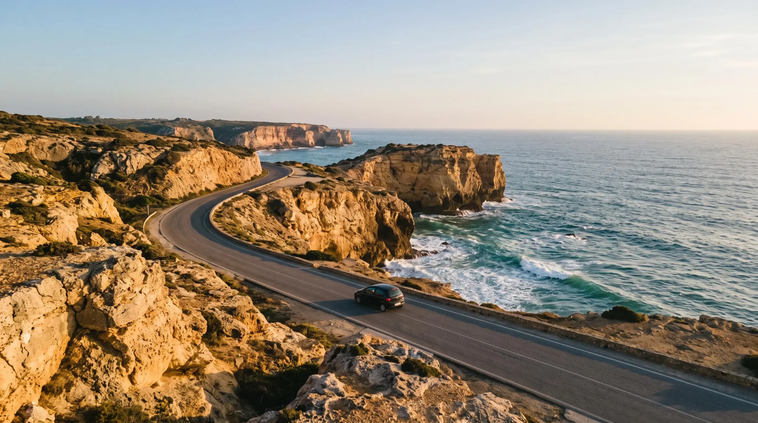 Route sinueuse traversant un paysage côtier portugais au coucher du soleil, symbolisant la planification d'un itinéraire de voyage