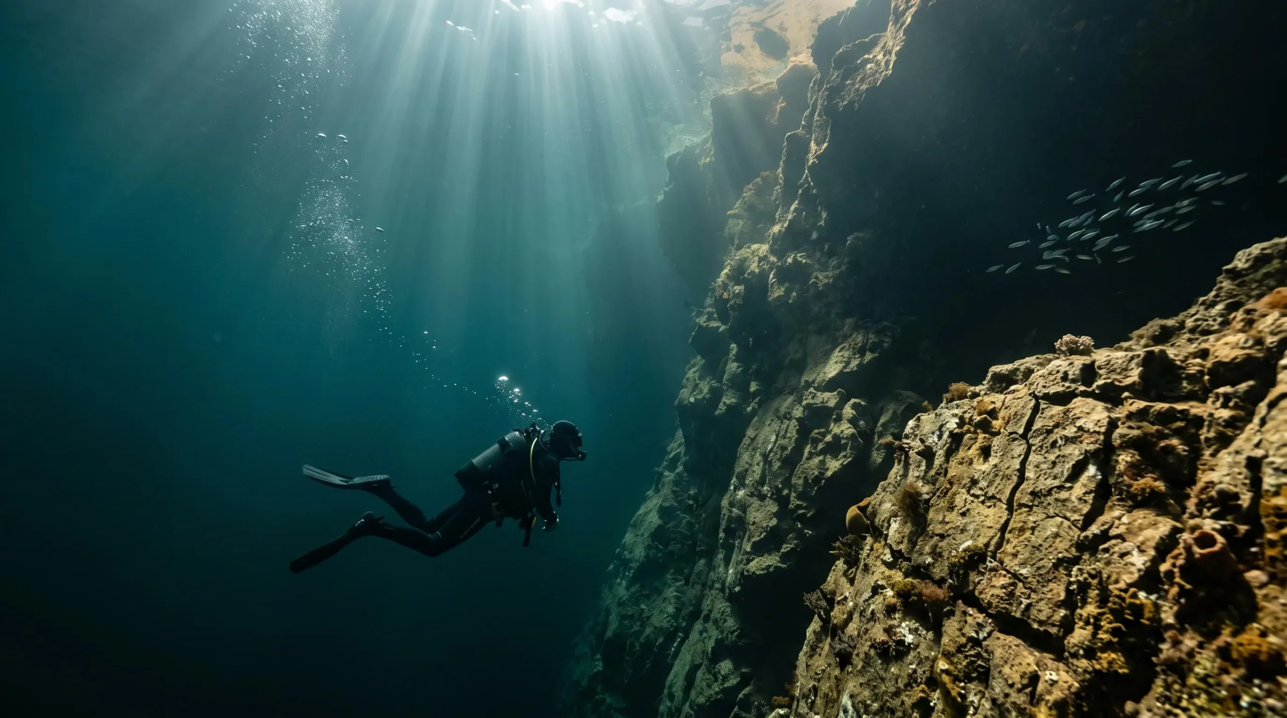 Plongeur en silhouette explorant une paroi rocheuse sous-marine dans les eaux profondes de l'Atlantique portugais