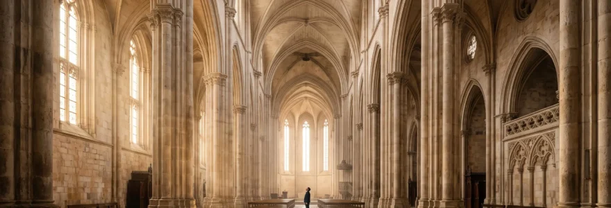 Nef d'un monastère gothique portugais baignée de lumière naturelle, avec arcs brisés et piliers en pierre