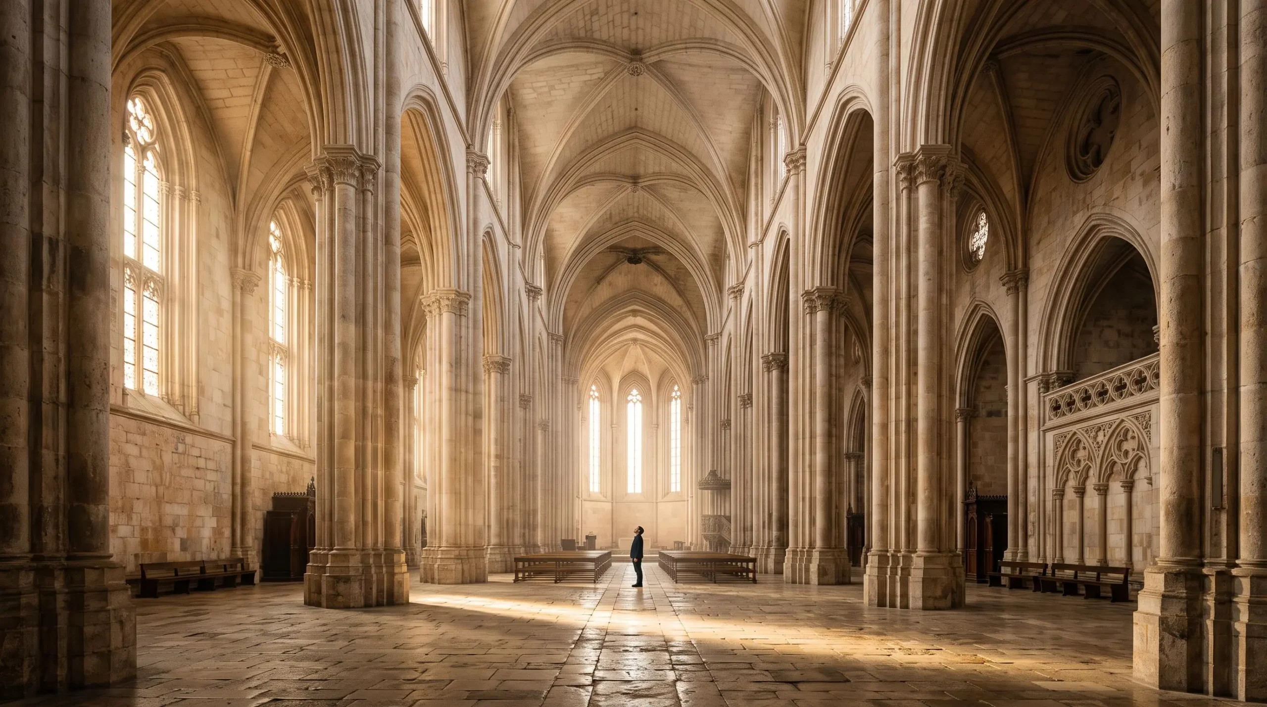 Nef d'un monastère gothique portugais baignée de lumière naturelle, avec arcs brisés et piliers en pierre