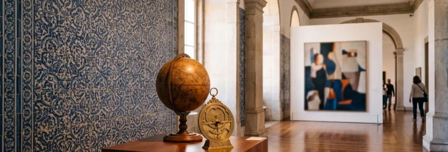 Vue symbolique et lumineuse d'un intérieur de musée portugais mêlant azulejos, dorures et objets de navigation évoquant l'histoire du Portugal