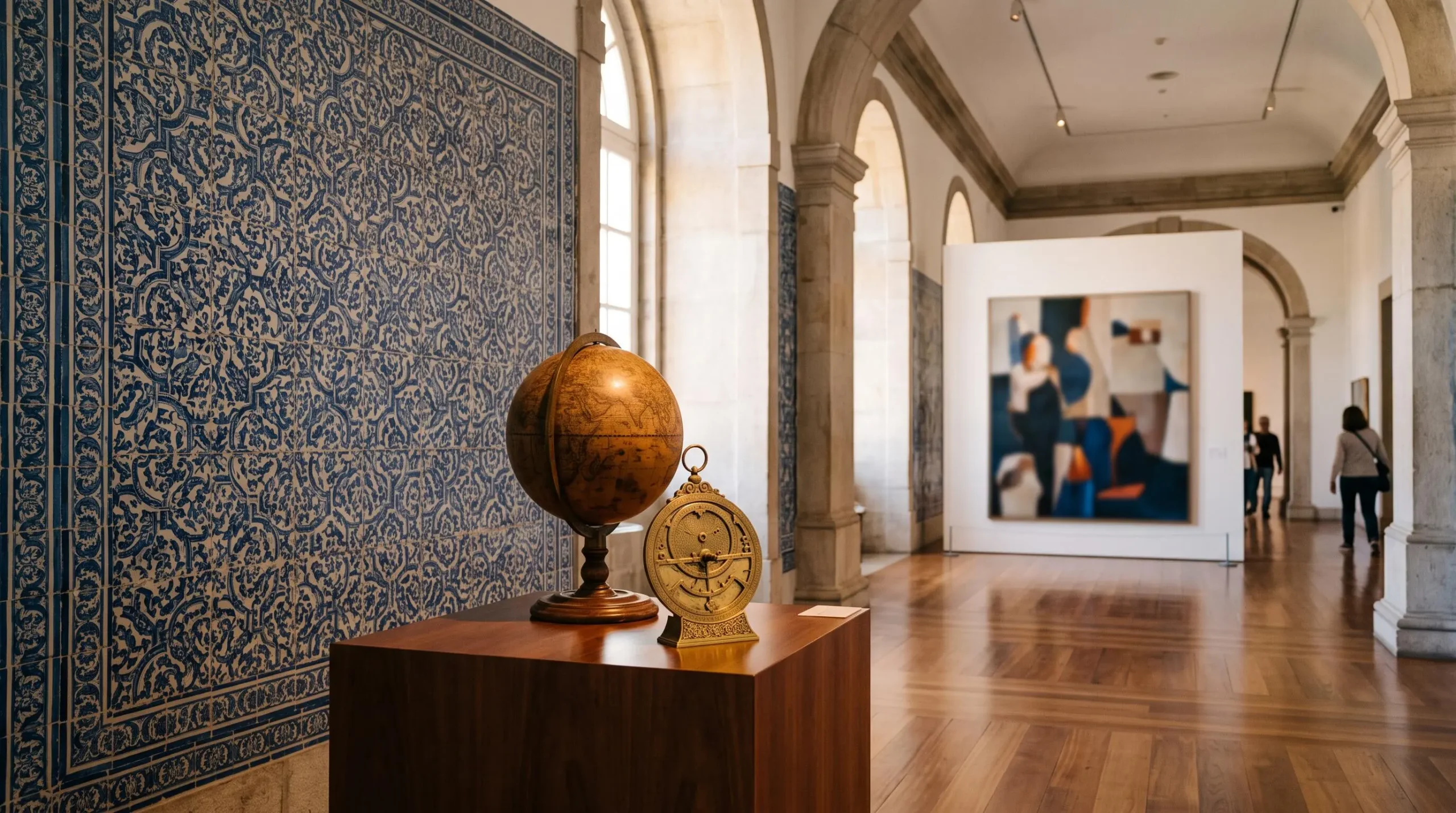 Vue symbolique et lumineuse d'un intérieur de musée portugais mêlant azulejos, dorures et objets de navigation évoquant l'histoire du Portugal