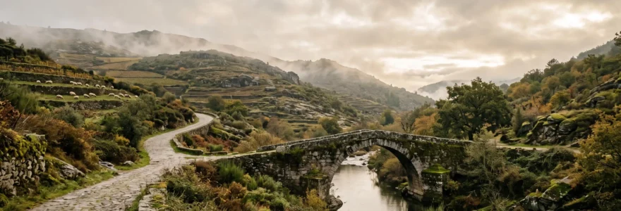 Petite route sinueuse traversant un village de granit isolé au Portugal, loin de toute présence touristique