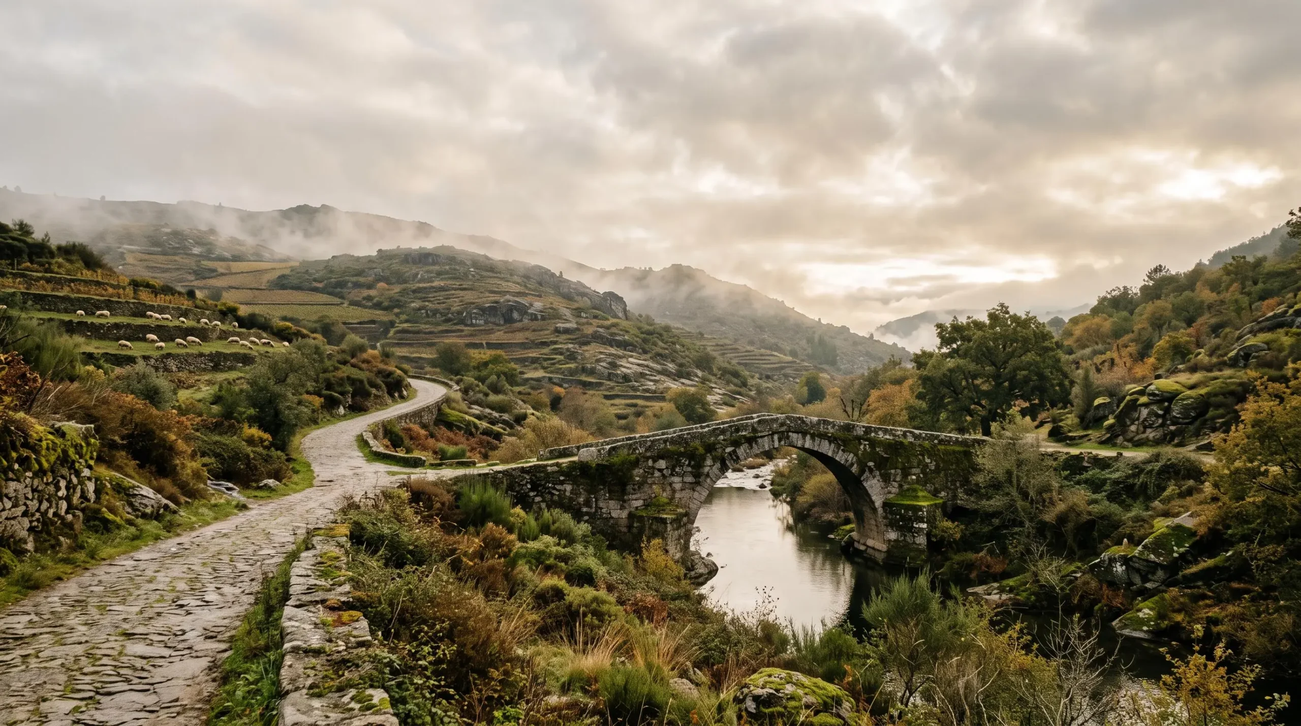 Petite route sinueuse traversant un village de granit isolé au Portugal, loin de toute présence touristique