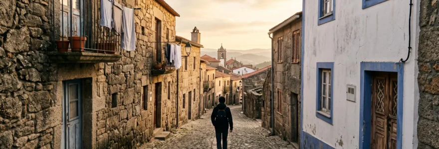Ruelle pavée d'un village portugais bordée de vieilles maisons en pierre et façades colorées, lumière dorée de fin d'après-midi
