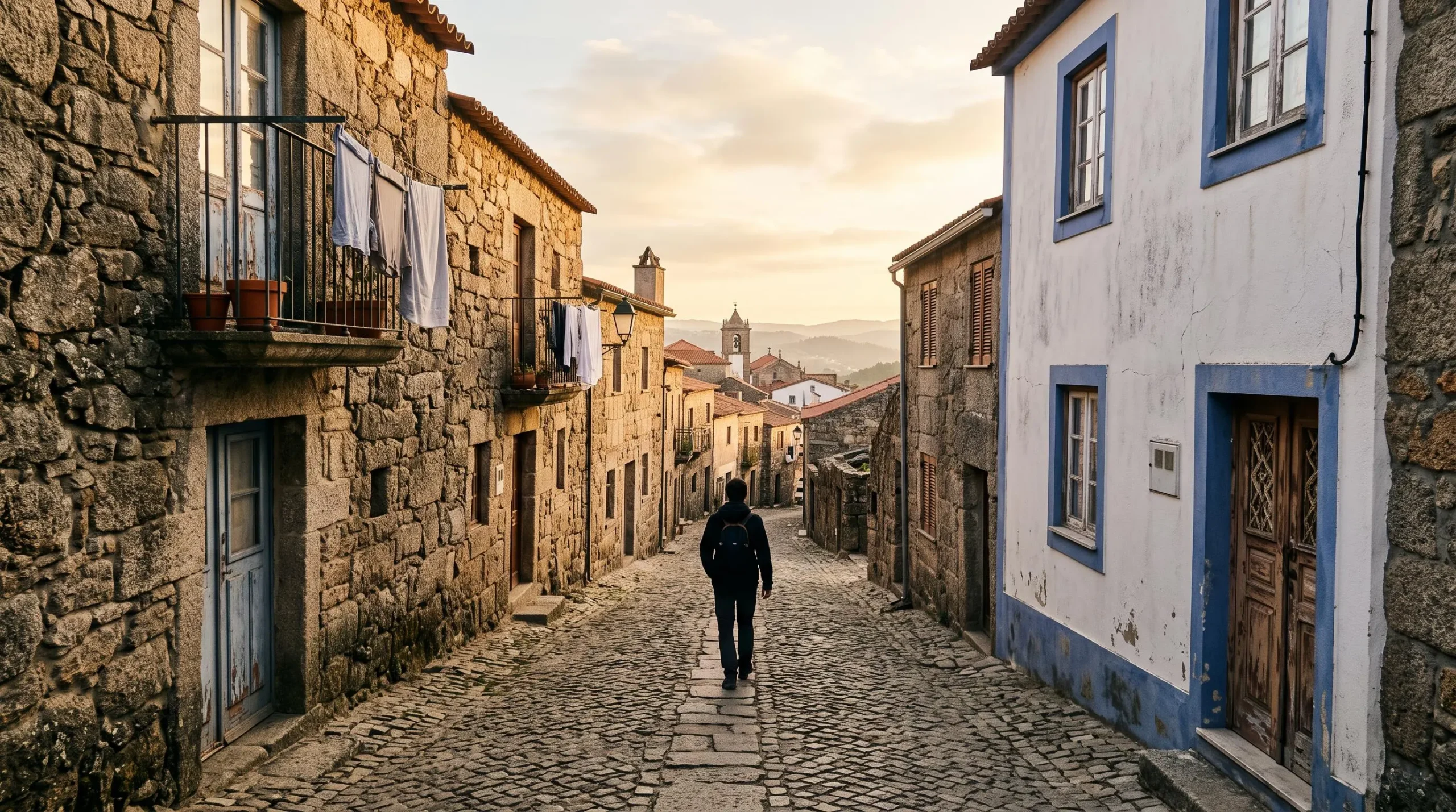 Ruelle pavée d'un village portugais bordée de vieilles maisons en pierre et façades colorées, lumière dorée de fin d'après-midi