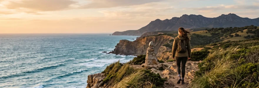 Sentier de randonnée au Portugal traversant une falaise atlantique avec vue sur une montagne au loin, illustrant la diversité des niveaux de randonnée