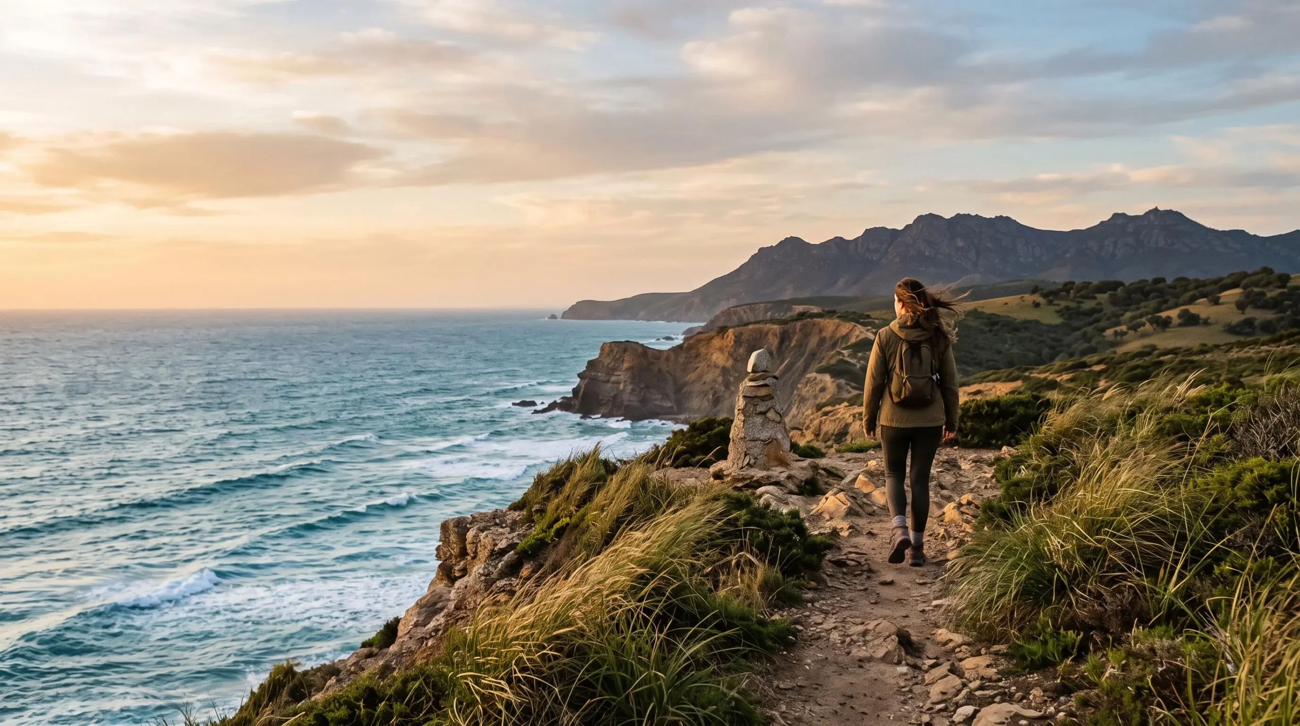 Sentier de randonnée au Portugal traversant une falaise atlantique avec vue sur une montagne au loin, illustrant la diversité des niveaux de randonnée
