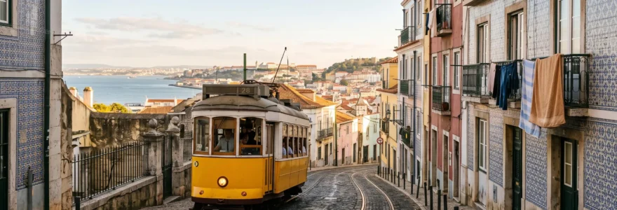 Vue emblématique du Portugal avec tramway jaune traditionnel et architecture historique en lumière dorée