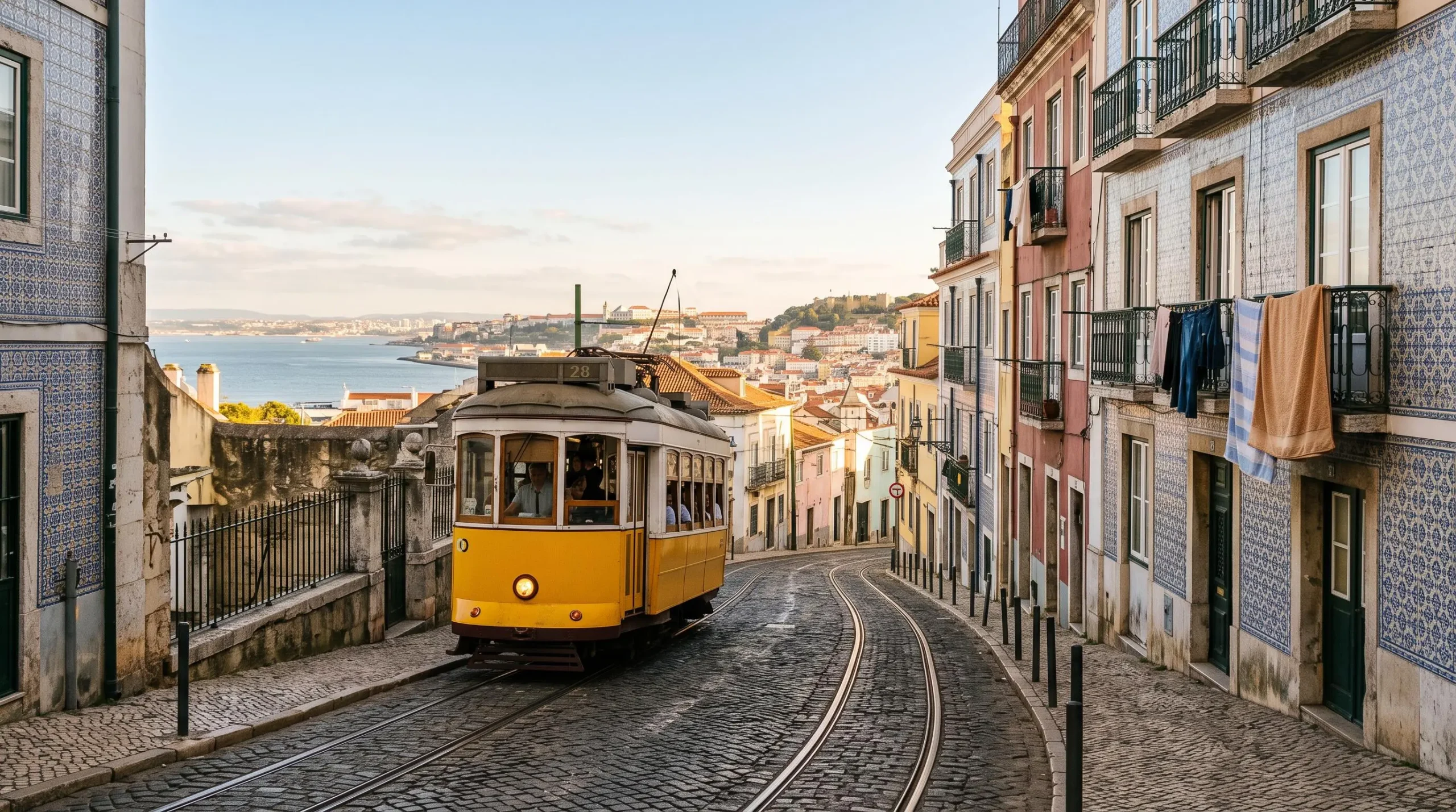 Vue emblématique du Portugal avec tramway jaune traditionnel et architecture historique en lumière dorée