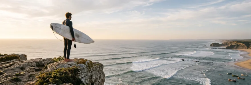 Un surfeur observe l'océan Atlantique depuis une falaise portugaise au lever du soleil, évaluant les vagues avant de choisir son spot