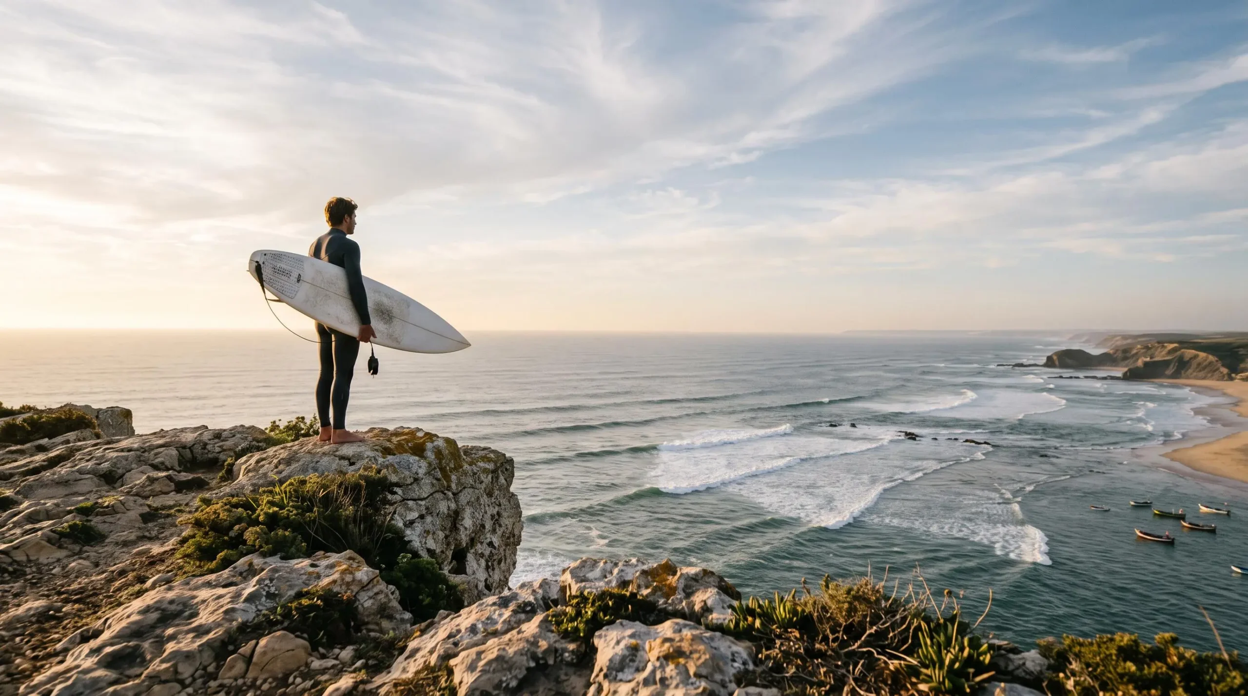 Un surfeur observe l'océan Atlantique depuis une falaise portugaise au lever du soleil, évaluant les vagues avant de choisir son spot