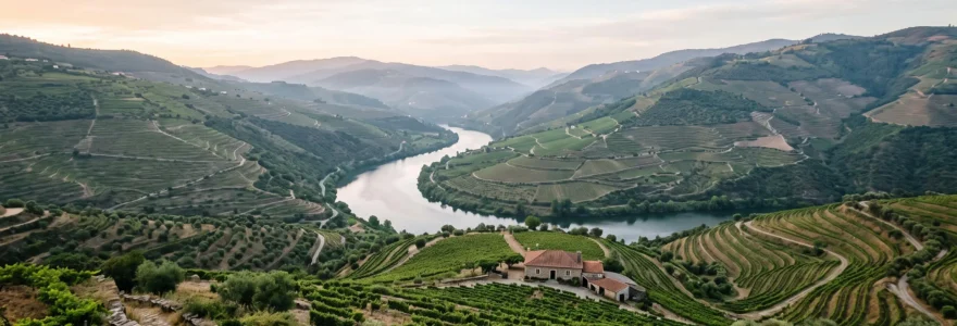 Vue panoramique sur une vallée verdoyante du nord du Portugal avec vignobles en terrasses et rivière sinueuse au lever du jour