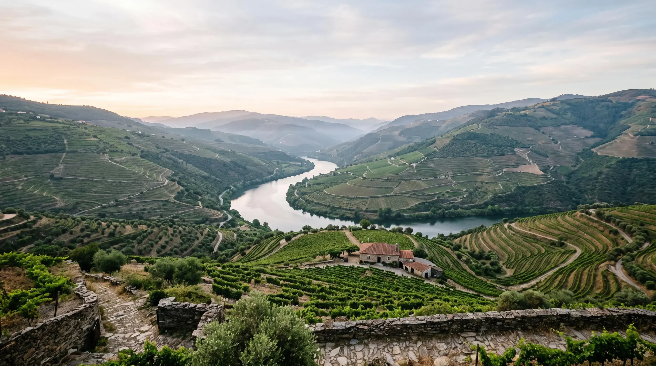 Vue panoramique sur une vallée verdoyante du nord du Portugal avec vignobles en terrasses et rivière sinueuse au lever du jour