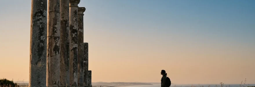 Silhouette d'un voyageur contemplant des colonnes romaines en pierre sous une lumière dorée sur la côte atlantique portugaise