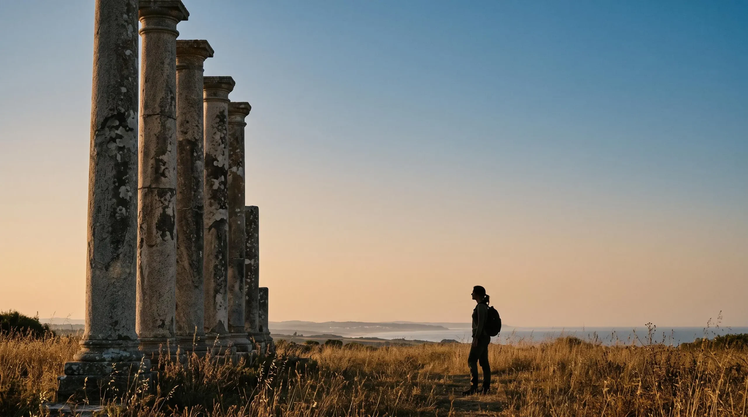 Silhouette d'un voyageur contemplant des colonnes romaines en pierre sous une lumière dorée sur la côte atlantique portugaise