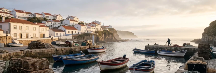 Petit port de pêche portugais authentique baigné par la lumière dorée du matin, loin des foules touristiques