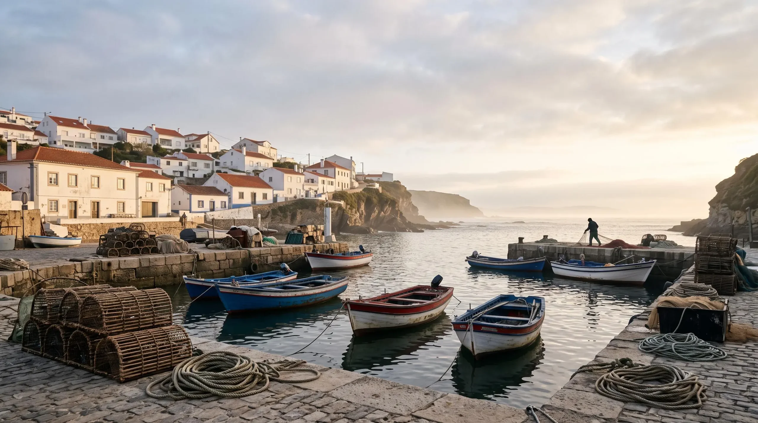 Petit port de pêche portugais authentique baigné par la lumière dorée du matin, loin des foules touristiques