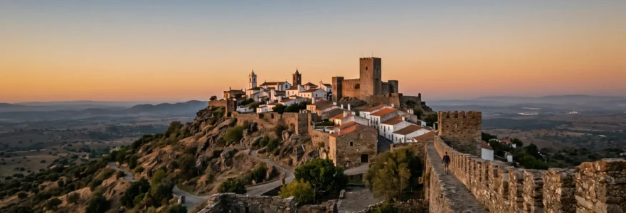 Village médiéval fortifié perché sur une colline du Portugal, silhouette de château au crépuscule