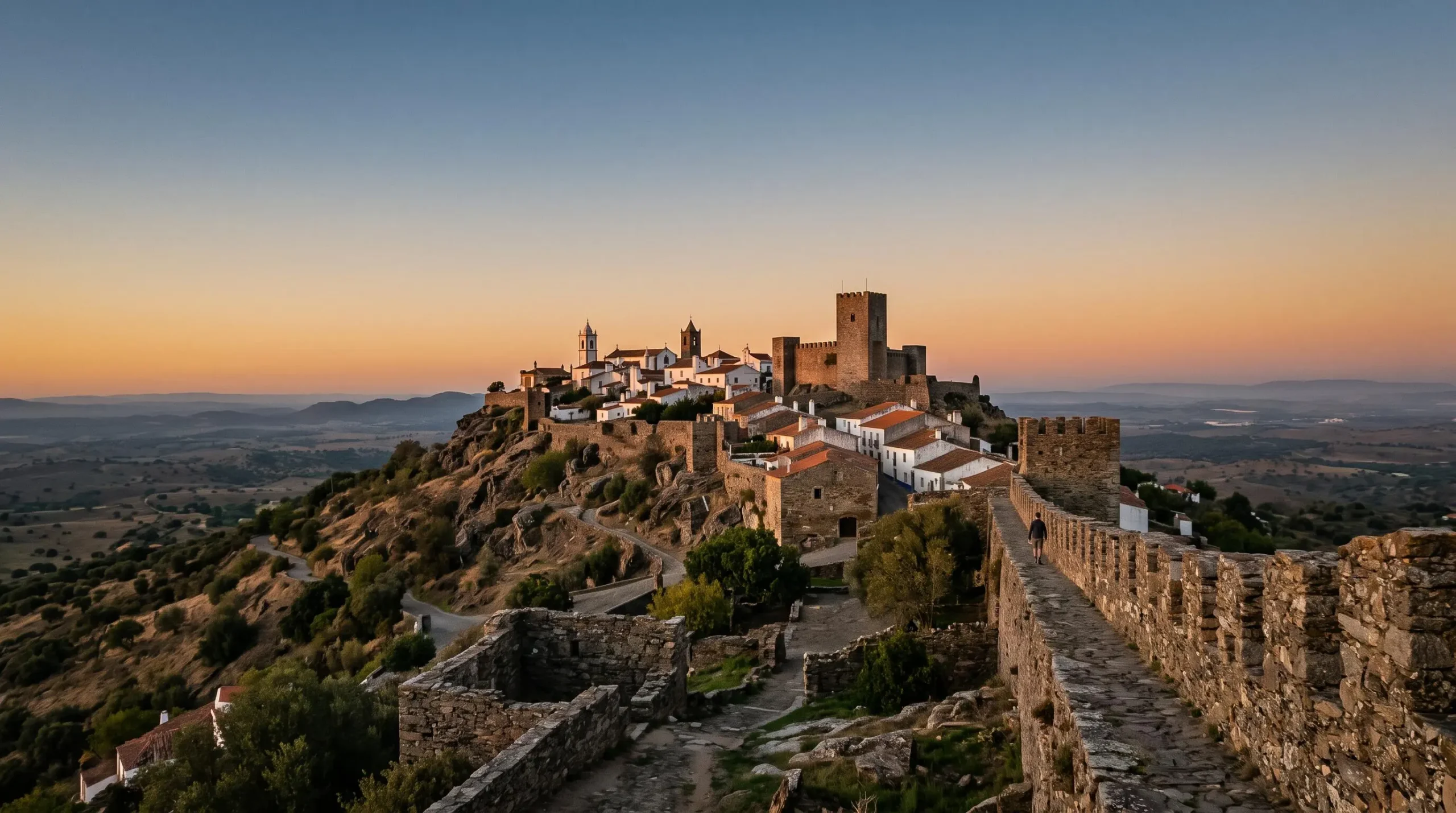 Village médiéval fortifié perché sur une colline du Portugal, silhouette de château au crépuscule