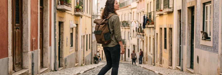 Visiteur marchant dans une rue pavée en pente de Lisbonne avec façades colorées typiques