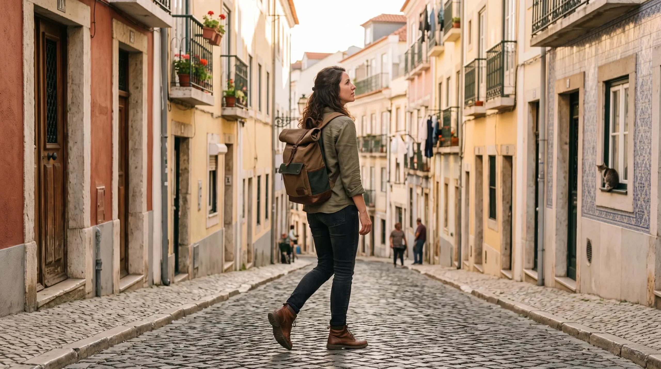 Visiteur marchant dans une rue pavée en pente de Lisbonne avec façades colorées typiques