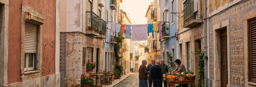 Ruelle typique d'un quartier portugais animée par la vie locale, cafés et marché ambulant au petit matin