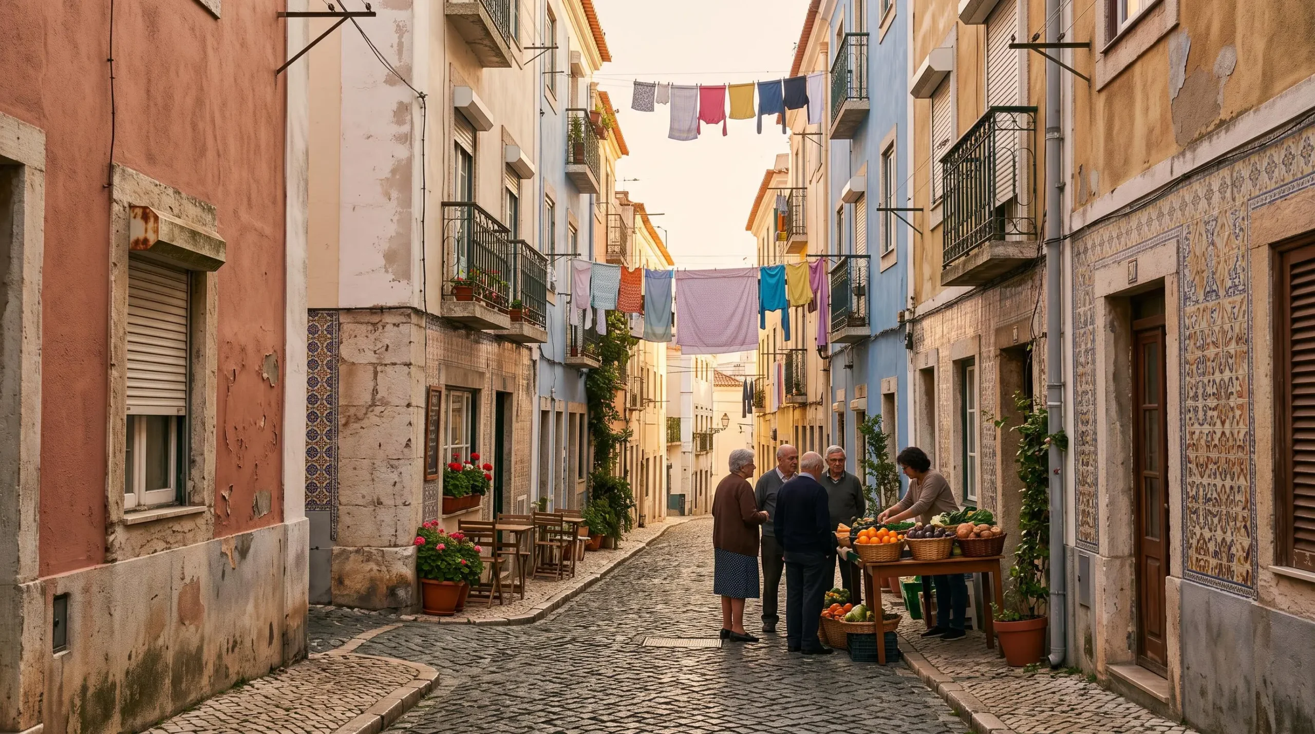 Ruelle typique d'un quartier portugais animée par la vie locale, cafés et marché ambulant au petit matin