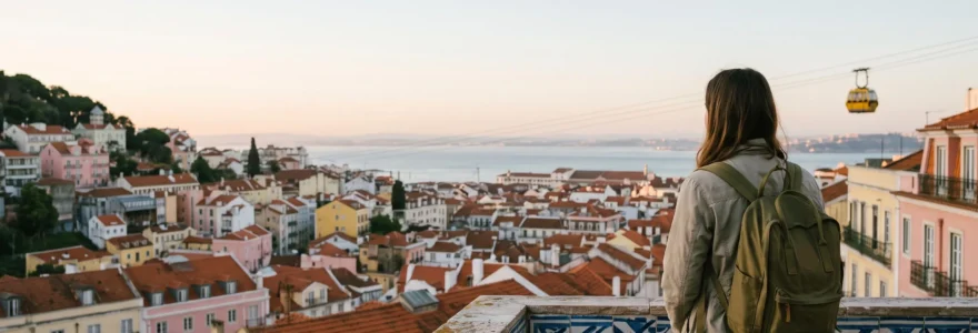 Voyageur seul contemplant les toits de tuiles et les ruelles pavées d'une ville portugaise au lever du soleil