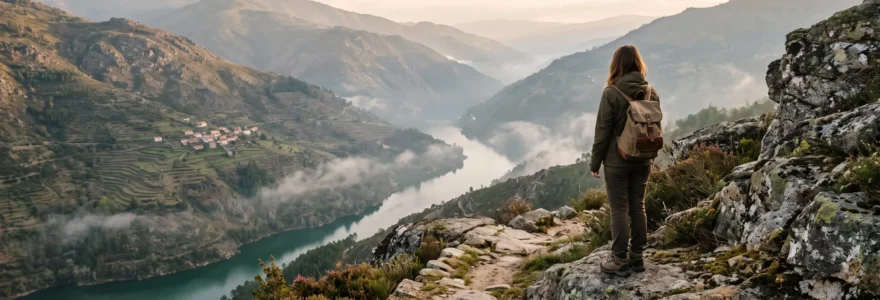 Voyageur discret contemplant une vallee cachee du Portugal au lever du jour, sans laisser de trace