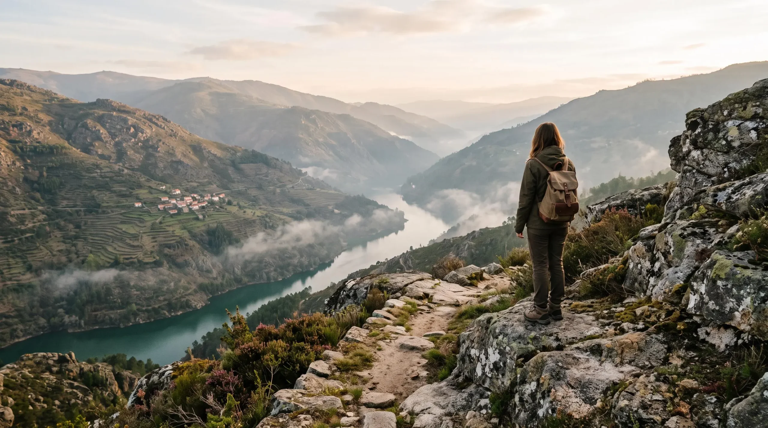 Voyageur discret contemplant une vallee cachee du Portugal au lever du jour, sans laisser de trace