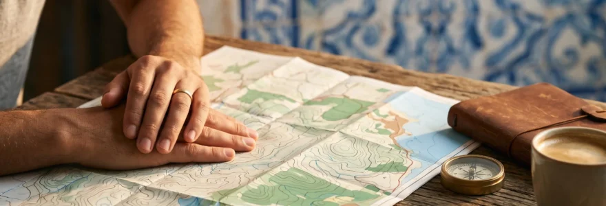 Voyageur consultant une carte routiere avant un road trip au Portugal, valise et objets de voyage disposes sur une table en bois