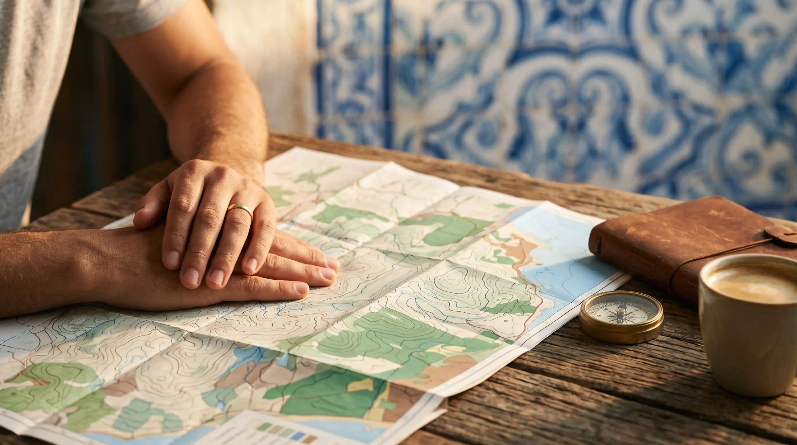 Voyageur consultant une carte routiere avant un road trip au Portugal, valise et objets de voyage disposes sur une table en bois